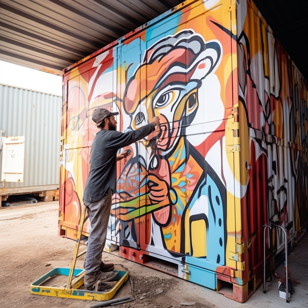 a man paints a picasso-style painting on the side of a shipping container because he's inspired by the design capabilities of For Sheezy