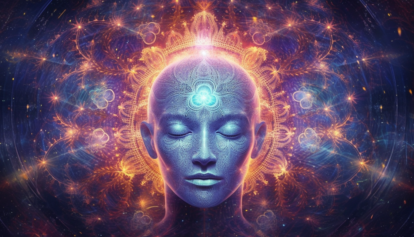 a celestial humanoid being's head, with a cosmic mind glowing through and around its being