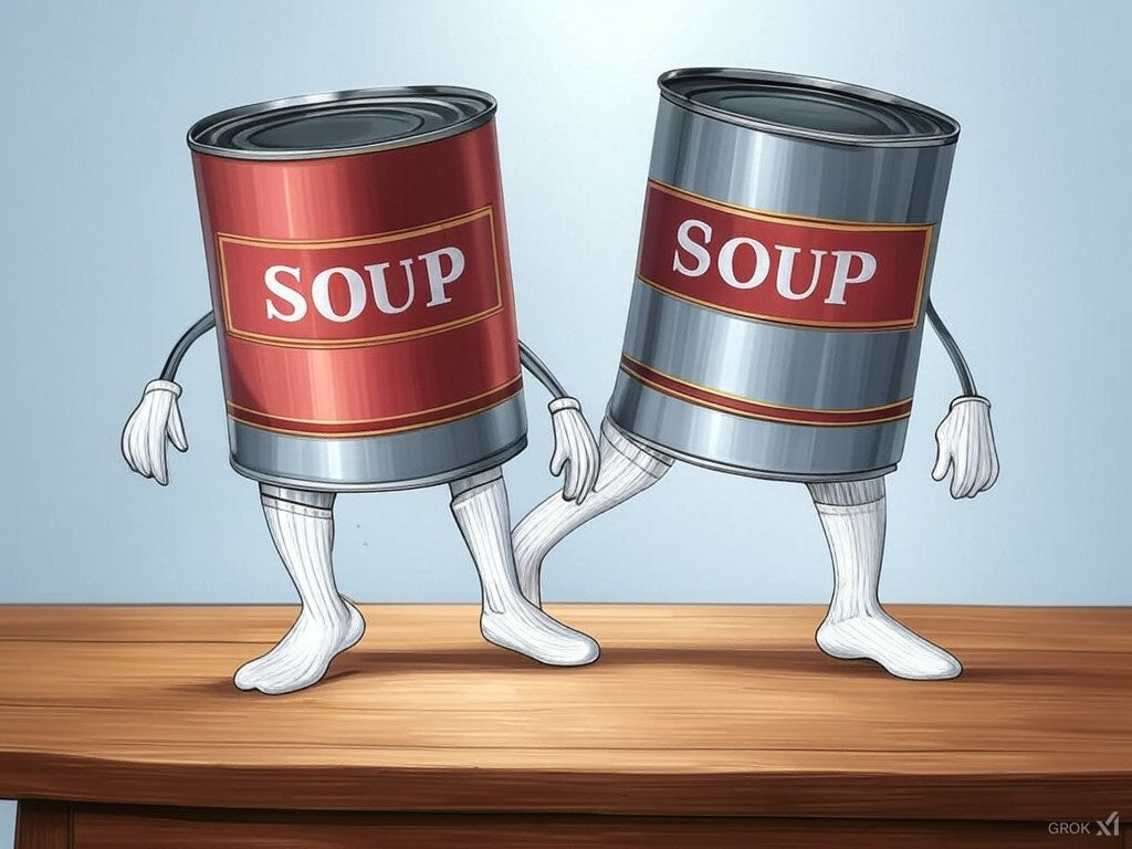 2 cans of soup, each wearing white athletic socks pulled all the way up