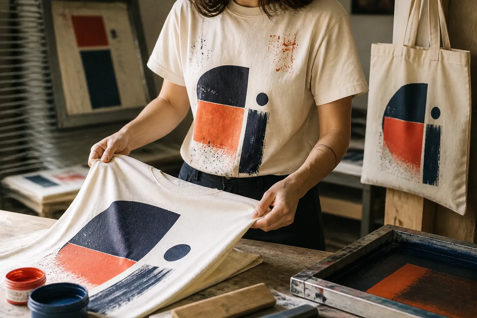 Maker wearing an original printed T-shirt while holding a second shirt beside a matching art-print tote bag in a small studio
